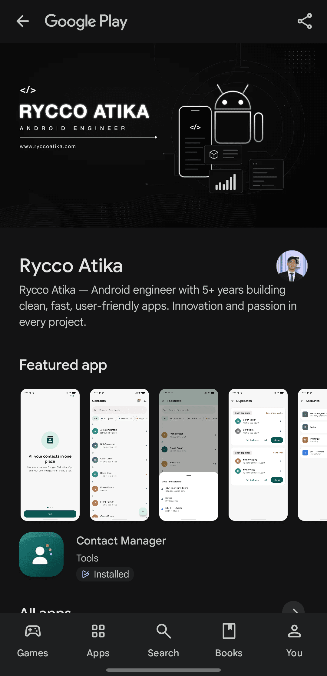 Rycco Atika's Google Play developer page, showing the Android Engineer profile and the Contact Manager app